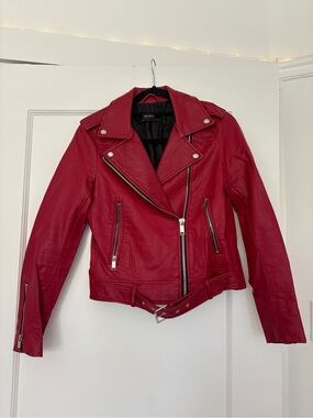 Red Leather Moto Jacket - Zara